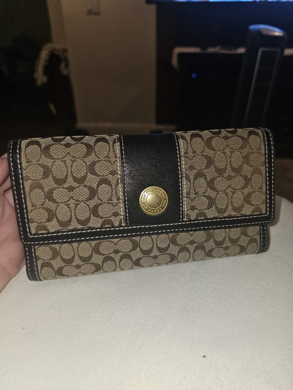 Vtg. Coach Signature Canvas Trifold Wallet with Dark Brown Trim